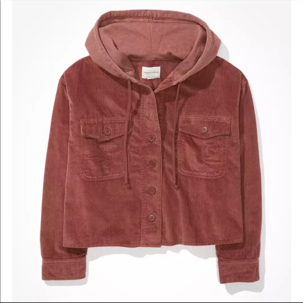 American Eagle Crop Corduroy Hooded Shirt Jacket